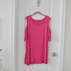 Hot Pink Cut Out Short Sleeve Rhinestone Top